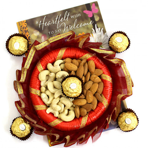 Contenting Combo - Almond Cashewnuts in Decorative Thali, Ferrero Rocher 4 pcs and Card