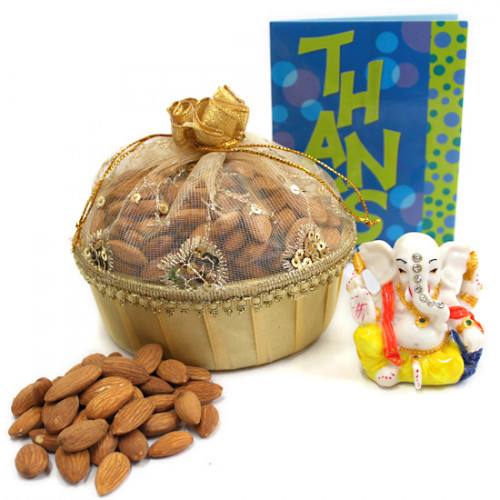 Fortunate - Almond in Decorative Basket, Decorative Ganesh Idol and Card