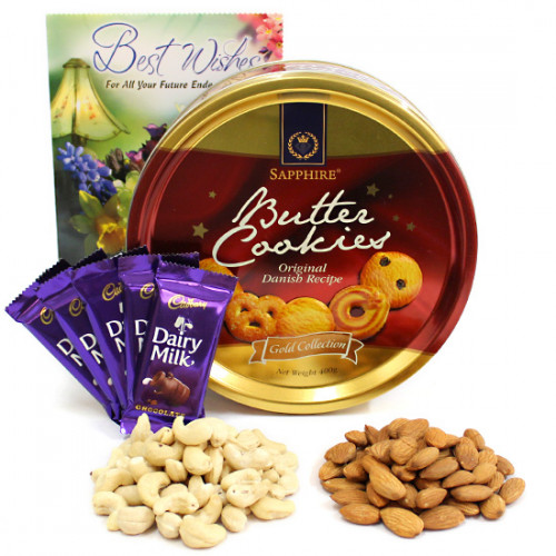 Complete Gift - Cashewnuts and Almonds, Danish Butter Cookies, 5 Dairy Milk and Card