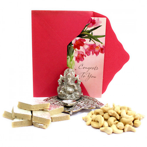 God Bless - Cashewnuts, Kaju Katli 250 gms, Oxydized Ganesh Diya and Card