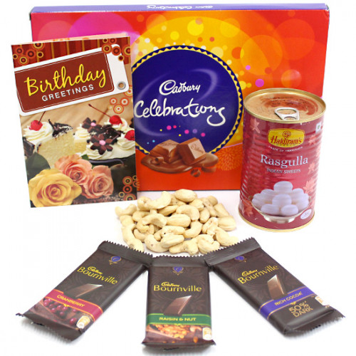Illustrious Gift - Cashewnuts, Cadbury Celebrations, Rasgulla 500 gms Tin, 3 Bournville and Card