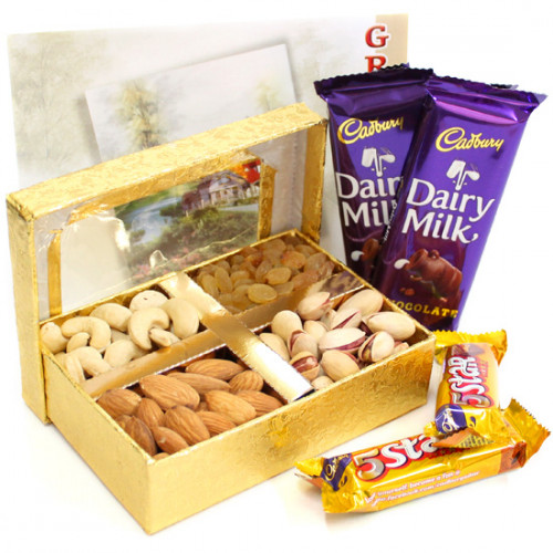 Superlative Present - Assorted Dryfruits, 2 Dairy Milk (L), 2 Five Star and Card
