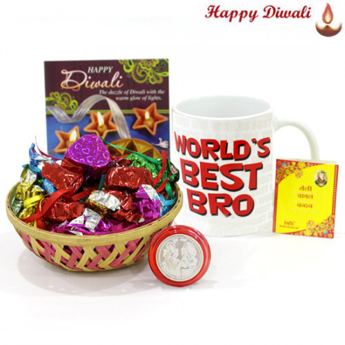 Handmade Choco Special - Handmade chocolates 100 gms in Basket, World's Best Bro Mug with Bhaidooj Tikka and Laxmi-Ganesha Coin