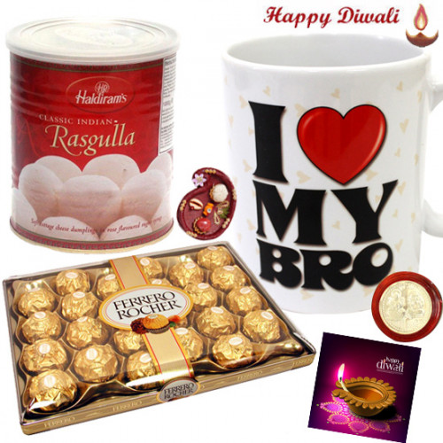 Crackers of Joy - Ferreo Rocher 24 Pcs, Haldirams Rasgulla 500 gms, I Love My Bro Mug with Bhaidooj Tikka and Laxmi-Ganesha Coin