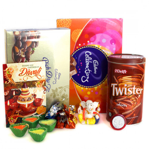 Diwali Fervor - Cadbury Celebrations, Cadbury Rich Dry Fruits, Delfi Twister Chocolate Wafer Roll, Hand made Chocolates, Ganesha Idol with 4 Diyas and Laxmi-Ganesha Coin