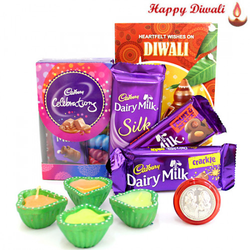 Mini Treat - Mini Cadbury Celebrations, Dairy Milk Fruit & Nut, Dairy Milk Crackle, Dairy Milk Silk 60 gms with 4 Diyas and Laxmi-Ganesha Coin