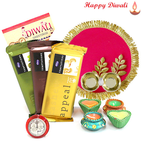 Tempting Treat - 3 Temptation 72 gms, Stylish Pooja Thali with Golden Border with 4 Diyas and Laxmi-Ganesha Coin