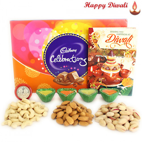 Happy Diwali - Cadbury Celebrations, Cashew, Almond, Pista 300 gms in Box with 4 Diyas and Laxmi-Ganesha Coin