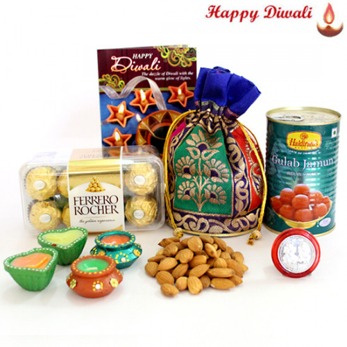 Diwali Hamper - Ferrero Rocher 16 pcs, Haldiram Gulab Jamun 500 gms, Almond in Potli (D) with 4 Diyas and Laxmi-Ganesha Coin
