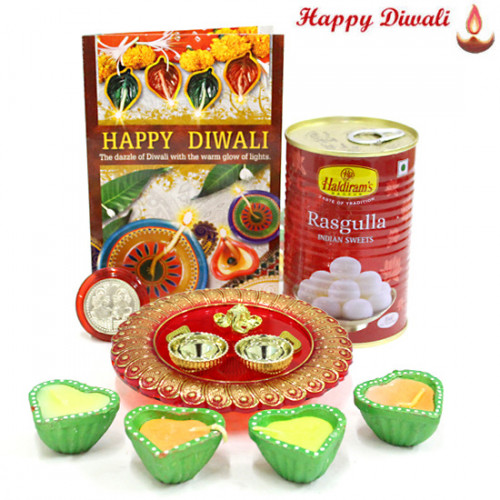 Sugary Treat - Haldiram Rasgulla 500 gms, Ganesh Designer Thali with 4 Diyas and Laxmi-Ganesha Coin