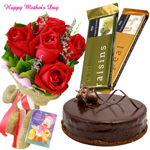 Red Tempting Delight - Bunch Of 12 Red Roses, 2 Temptation 72 gms, 1/2 Kg Chocolate Cake and card