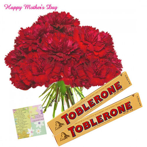Carnation Crunch - 20 Red Carnations Bunch, 2 Toblerone and card