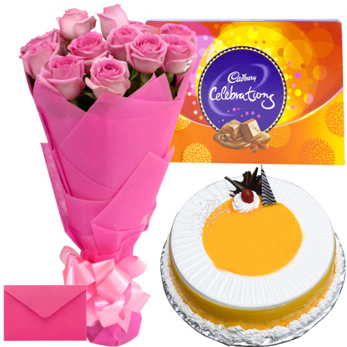 Pink Pina Celebrations - 12 Pink Roses Bunch, 1/2 Kg Pineapple Cake, Cadbury Celebration 118 gms and Card