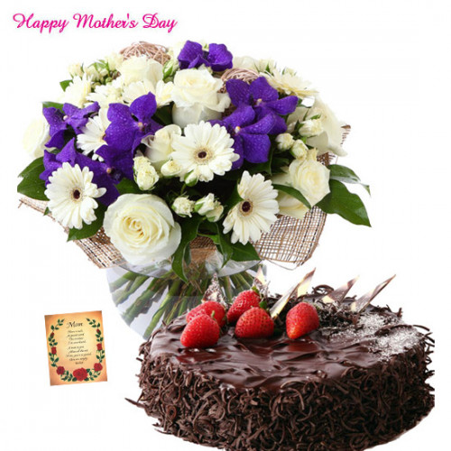 Orchids For Mom - 5 Orchids with 15 Mix White Flowers in Vase, 1/2 Kg Chocolate Cake and Card