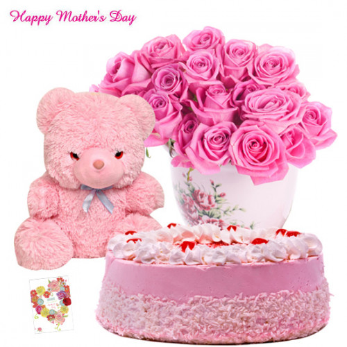 Pink Soft Vase - 15 Pink Roses in Vase, 1/2 Kg Strawberry Cake, Teddy Bear 6 inch