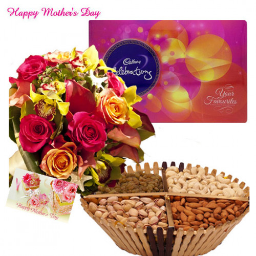 Mix Nutty Celebration - Bunch of 12 Mix Flowers, Assorted Dryfruits Basket 200 gms, Cadbury Celebrations 118 gms and card