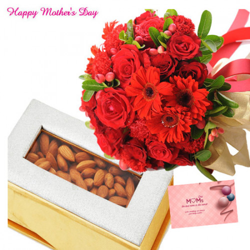 Brainy Crunch - Bunch of 15 Red Roses with Red Carnations, Almond 500 gms Box and card