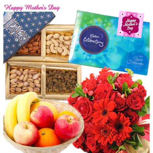 Mix N Match - 10 Red Mix Flowers Bouquet, 200 gms Assorted Dryfruits, Celebrations 118 gms, 1 Kg Seasonal Fruits Basket and card