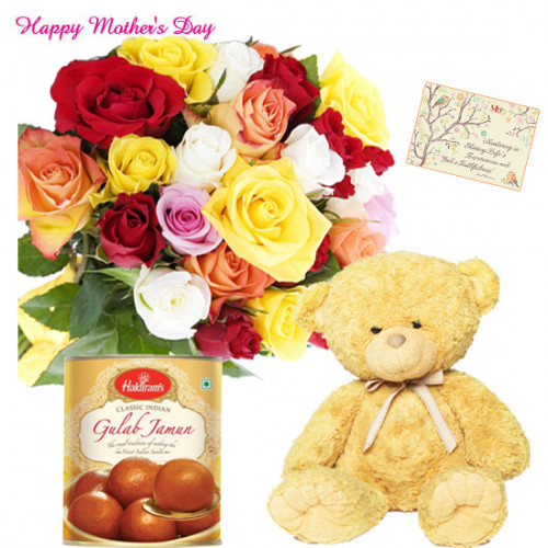 Mix Teddy Sweet - 14 Mix Roses Bunch, Teddy 6 inch, Gulab Jamun 500 gms and card