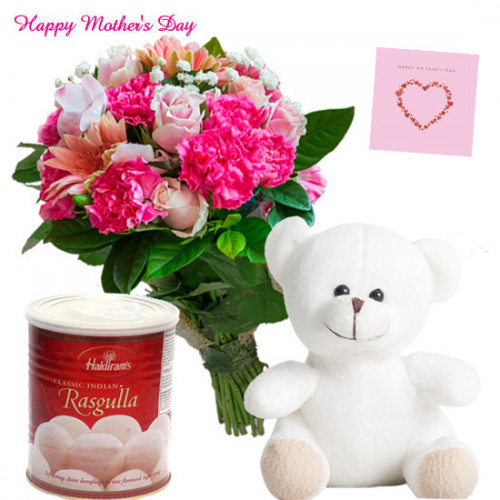 Pink White Combo - 10 Pink Flowers Bunch, White Teddy 6 inch, Rasgulla 500 gms and card