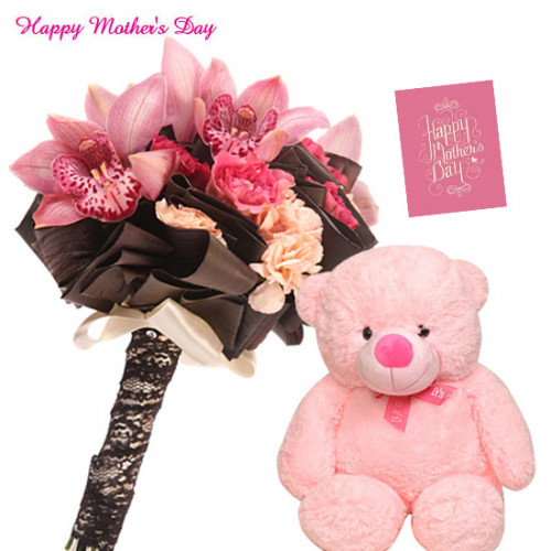 Exotic Combo - 15 Exotic Pink Flowers Bunch, Teddy 6 inch and card