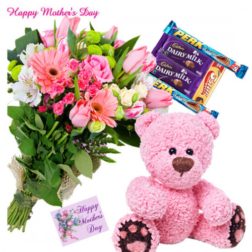 Pink Teddy Bar - 15 Pink Flowers Bunch, Teddy 8 inch, 5 Assorted Bars and card