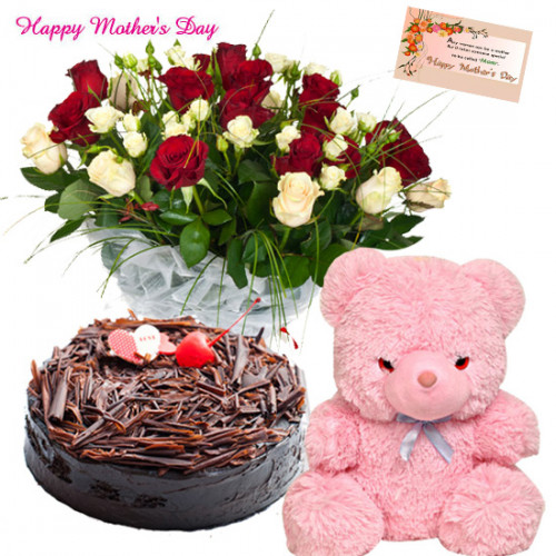 Red N White Combo - 10 Red & White Roses Bunch, Teddy 6 inch, 1/2 kg Chocolate Cake and card