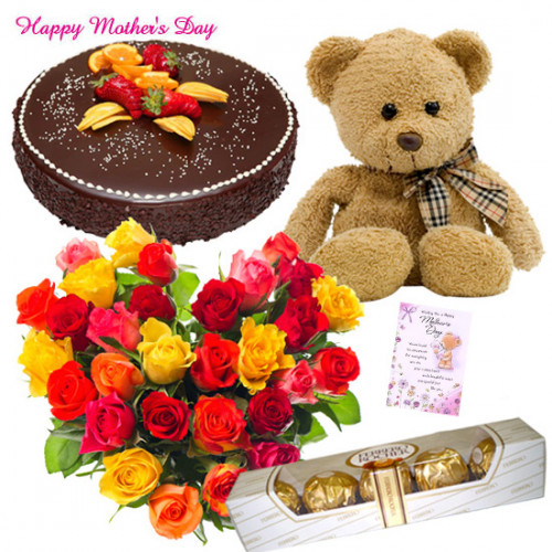 Mix Heart Choco - 50 Mix Roses Heart Shaped Arrangement, Teddy 6 inch, Ferrero Rocher 4 pcs, 1 kg Chocolate Cake and card