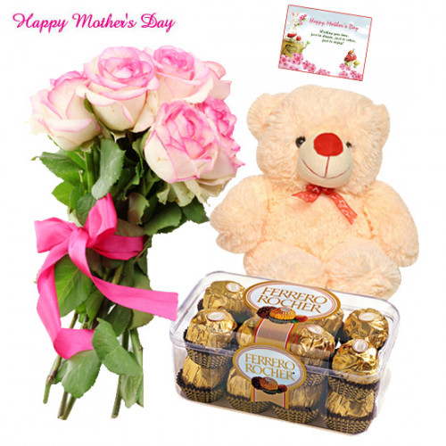 Pink Crunch Bear - Bouquet Of 12 Pink Roses, Ferrero Rocher 16 Pcs, Teddy Bear 8" and card