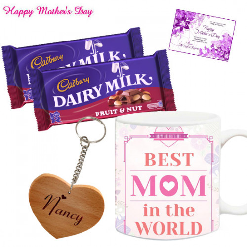 Mug Mix - Mother's Day Personalized Mug, 2 Dairy Milk Fruit N Nut 30 gms, Personalized Keychain and Card