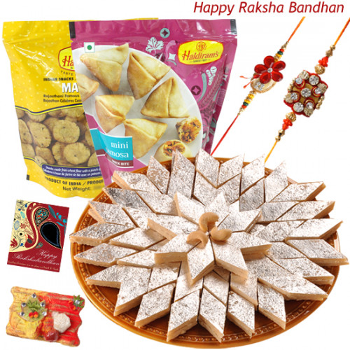 Sweets N Namkeen - Kaju Katli, 2 Haldiram Namkeen with 2 Rakhi and Roli-Chawal