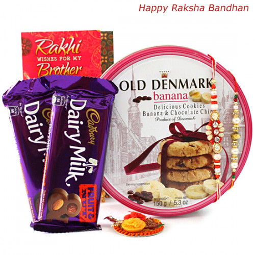 On This Rakhi - Danish Butter Cookies - Banana and Chocolate Chips Flavor, 2 Cadbury Dairy Milk Fruit & Nut with 2 Rakhi and Roli-Chawal
