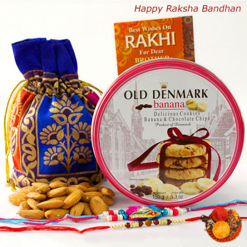 Rakhi Crisp - Danish Butter Cookies - Banana and Chocolate Chips Flavor, Almonds 100 gms in Potli (D) with 2 Rakhi and Roli-Chawal