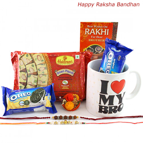 Sweets N Cookies - Haldiram Soan Papdi, I Love My Bro Mug, 2 Oreo Cookies with 2 Rakhi and Roli-Chawal