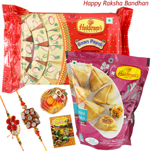 Haldiram's Rakhi - Haldiram Soan Papdi, Haldiram Mini Samosa with 2 Rakhi and Roli-Chawal
