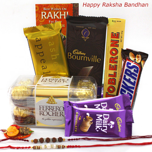 All About Chocolates - Ferrero Rocher 16 Pcs, Temptations, Bourneville, Toblerone, Snickers, 2 Dairy Milk with 2 Rakhi and Roli-Chawal