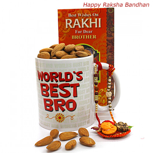 Mug N Almonds - World's Best Bro Personalized Mug, Almonds 100 gms with 2 Rakhi and Roli-Chawal
