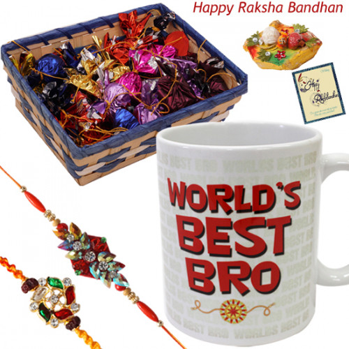 Handmade Choco Combo - Handmade chocolates in Basket, World's Best Bro Mug with 2 Rakhi and Roli-Chawal