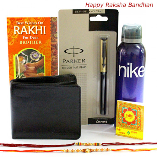 Rakhi Gift - 1 Nike Deo, 1 Parker Beta Standard Ball Pen, Leather Black Wallet with 2 Rakhi and Roli-Chawal