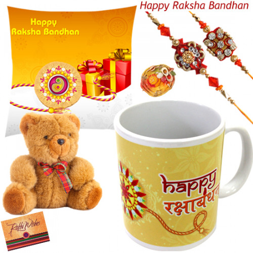 Tender Rakhi Love - Happy Rakshabandhan Cushion, Happy Rakshabandhan Mug, Teddy 6 inch with 2 Rakhi and Roli-Chawal