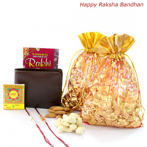 Pocket Full - Leather Brown Wallet, Kaju 100 gms in Potli & Almond 100 gms in Potli with 2 Rakhi and Roli-Chawal