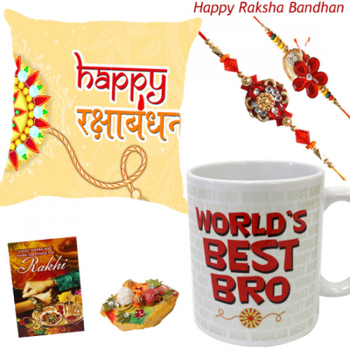 Cushiony Mug - Happy Rakshabandhan Personalized Cushion, World's Best Bro Personalized Mug with 2 Rakhi and Roli-Chawal