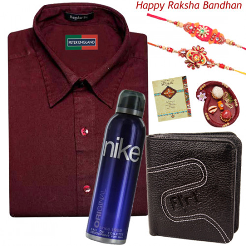 Formals for Brother - Peter England Full Sleeve Maroon formal shirt (Choose Size), Leather Balck Wallet, Nike Deo with 2 Rakhi and Roli-Chawal