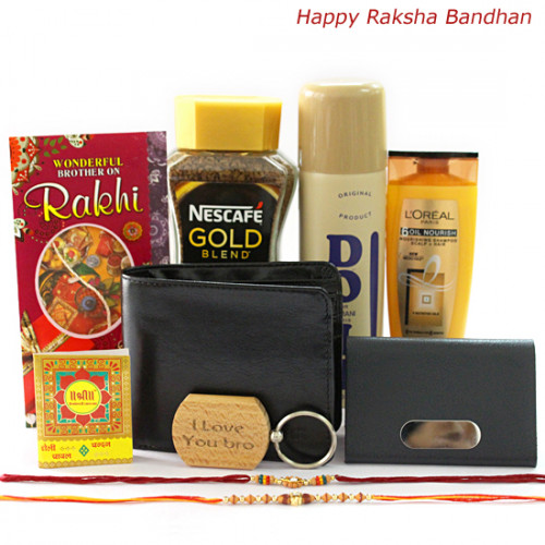 Love for Brother - Leather Black Wallet, Nescafe Gold Blend 50 gms, Visiting Card Holder, I Love You Bro Wooden Keychain, Lomani Do It Deo, Loreal Shampoo with 2 Rakhi and Roli-Chawal