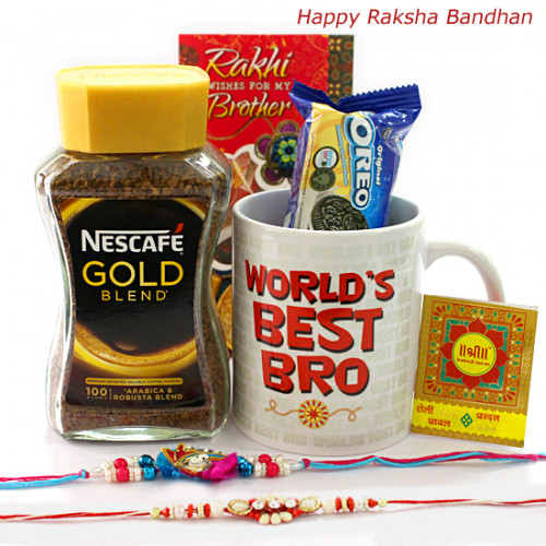 Coffee Combo - World's Best Bro Mug, Nescafe Gold Blend 50 gm, Oreo 50 gms with 2 Rakhi and Roli-Chawal