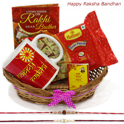Treat for Brother - Happy Rakhi Personalized Mug, Soan Papdi, Basket with 2 Rakhi and Roli-Chawal