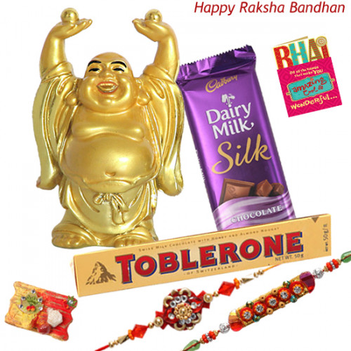 All the Gifts - Laughing Buddha, Dairy Milk Silk, Toblerone  with 2 Rakhi and Roli-Chawal