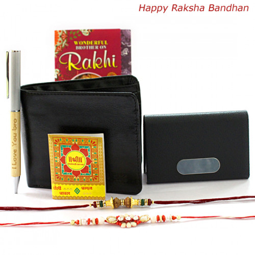 All Time Gifts - Leather Black Wallet, Visiting Card Holder, Best Bro Pen with 2 Rakhi and Roli-Chawal
