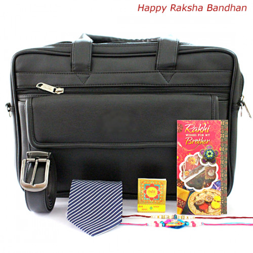 Formal Gifts - Black Office Bag, Leather Black Belt, Blue Tie with 2 Rakhi and Roli-Chawal