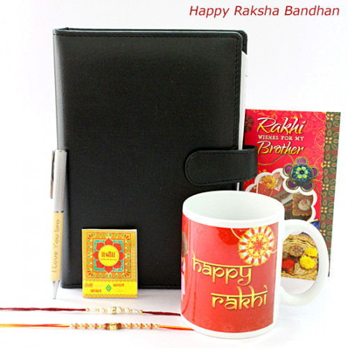 Love for Bro - Happy Rakshabandhan Mug,  I Love You Bro Wooden Pen, Leather Diary with 2 Rakhi and Roli-Chawal
